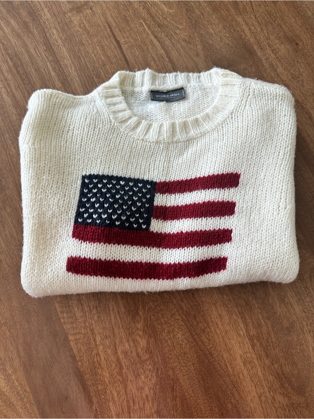 Wooden Ships Cream Flag Knit Crewneck Sweater with Navy & Burgundy Detail
